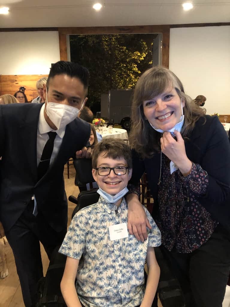 Ima and her son Oskar with violinist Adrian Anantawan at the Understanding Our Differences 2022 Spring Benefit.