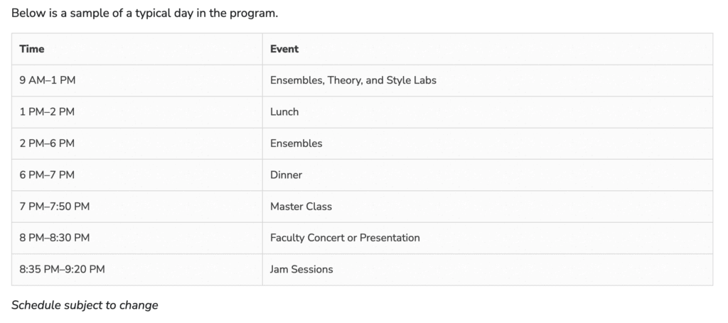 Posted schedule for the Berklee Global Strings program in Boston, MA. Offerings include ensembles, labs, theory, master classes, and jam sessions each night.
