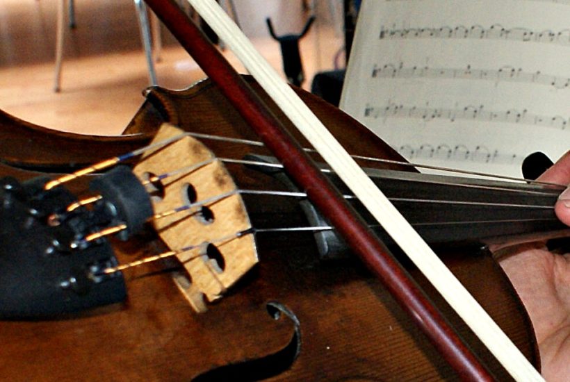 The violin, seen from the player's perspective looking down at the strings, the bow, and the fingers on the fingerboard.